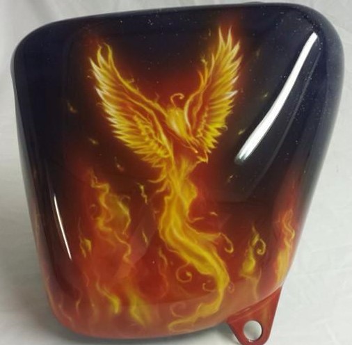 Airbrushed Painting of a Triumph Motorbike with Flame Design, Pheonix on Side Panel